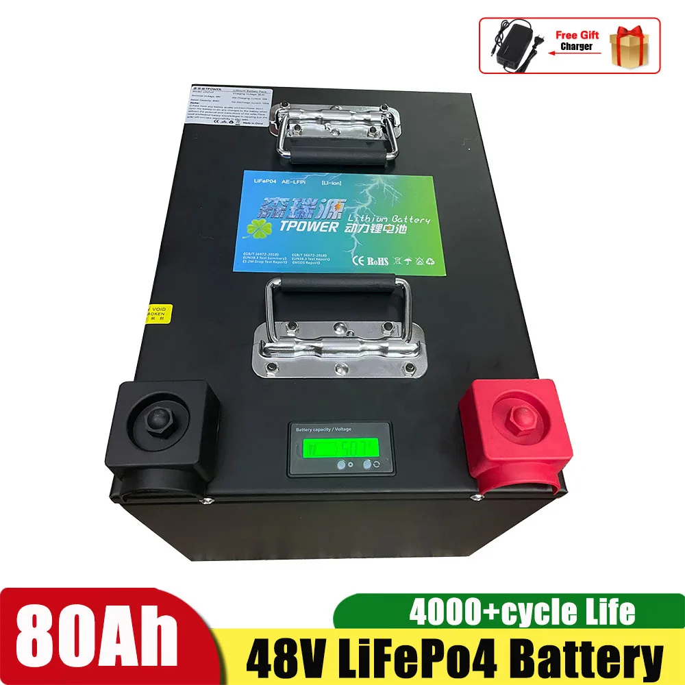 48V 80Ah Lifepo4 Lithium Battery Lithium Iron Phosphate With BMS for 5000W Scooter Bike Golf Cart RV Bike gift=10A Charger