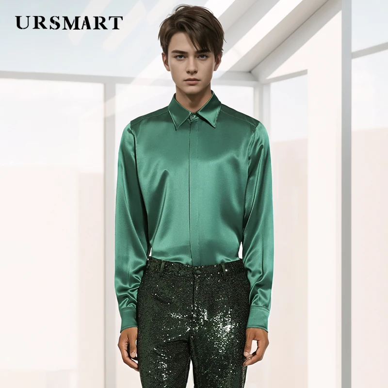 High quality silk colored men's long sleeved shirt in British fashion elegant style spring and autumn new silk custom shirt men