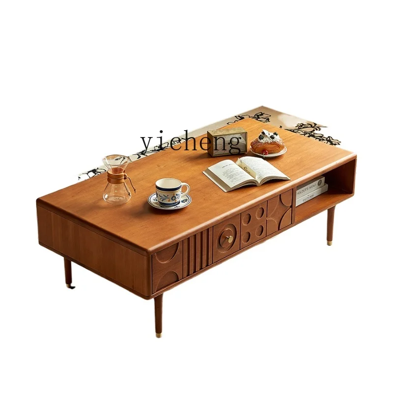 

ZK Retro Solid Wood Carved Coffee Table Small Apartment Living Room Home Light Luxury High-Grade Mid-Ancient Style Square Table