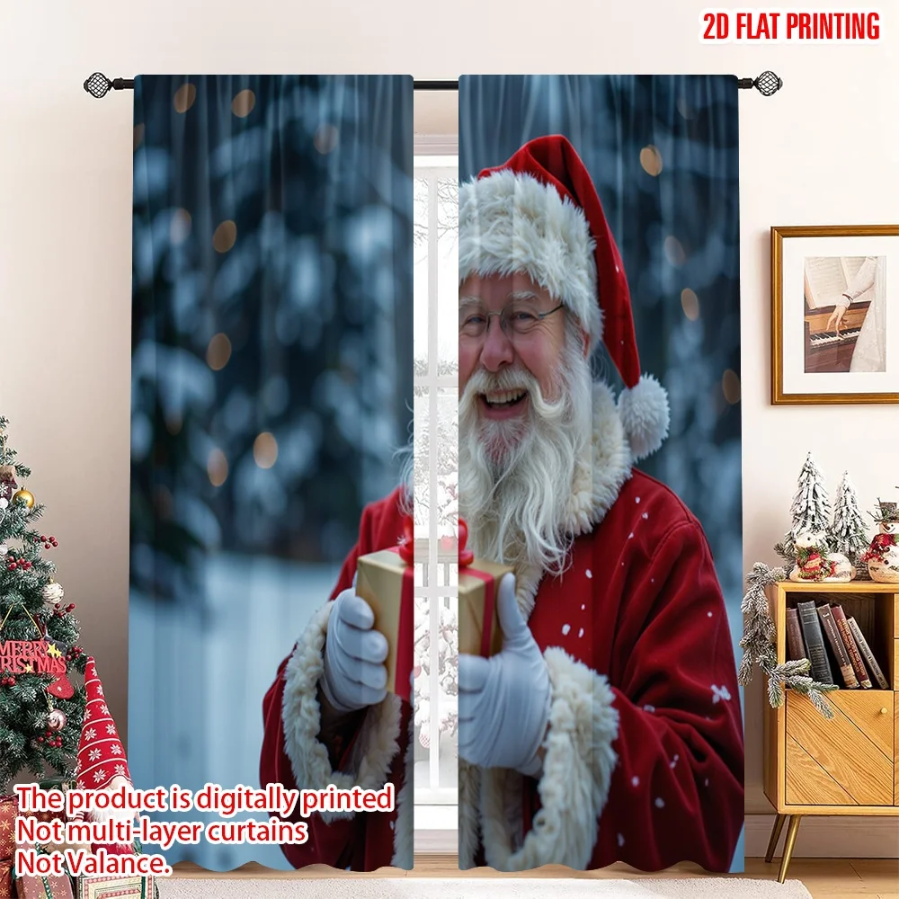 

2pcs 2D flat printing Merry Christmas Popular Window Curtains Santa Claus Gift Snowfall 100% Polyester Without Electricity