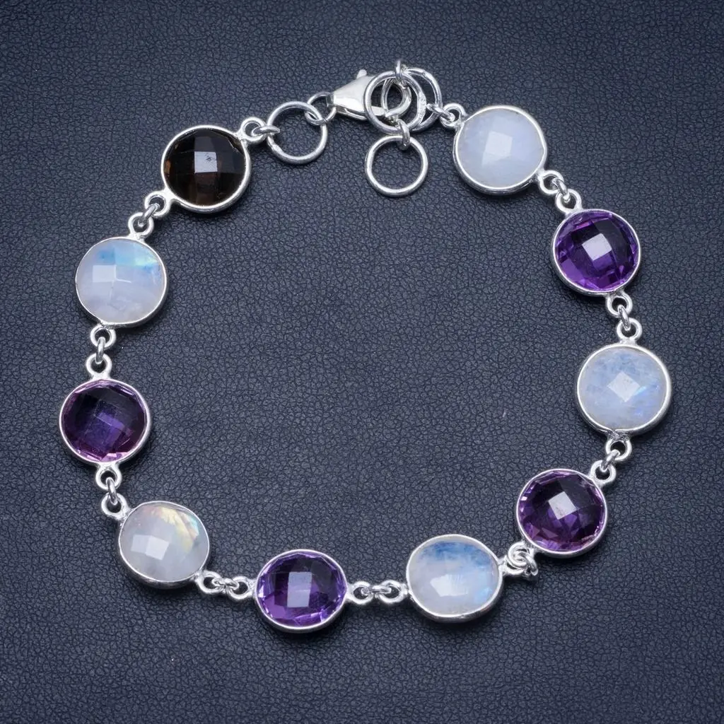 

Natural Amethyst,Moonstone and Smoky Quartz Handmade Unique 925 Sterling Silver Bracelet 8-8 1/2" Y0003