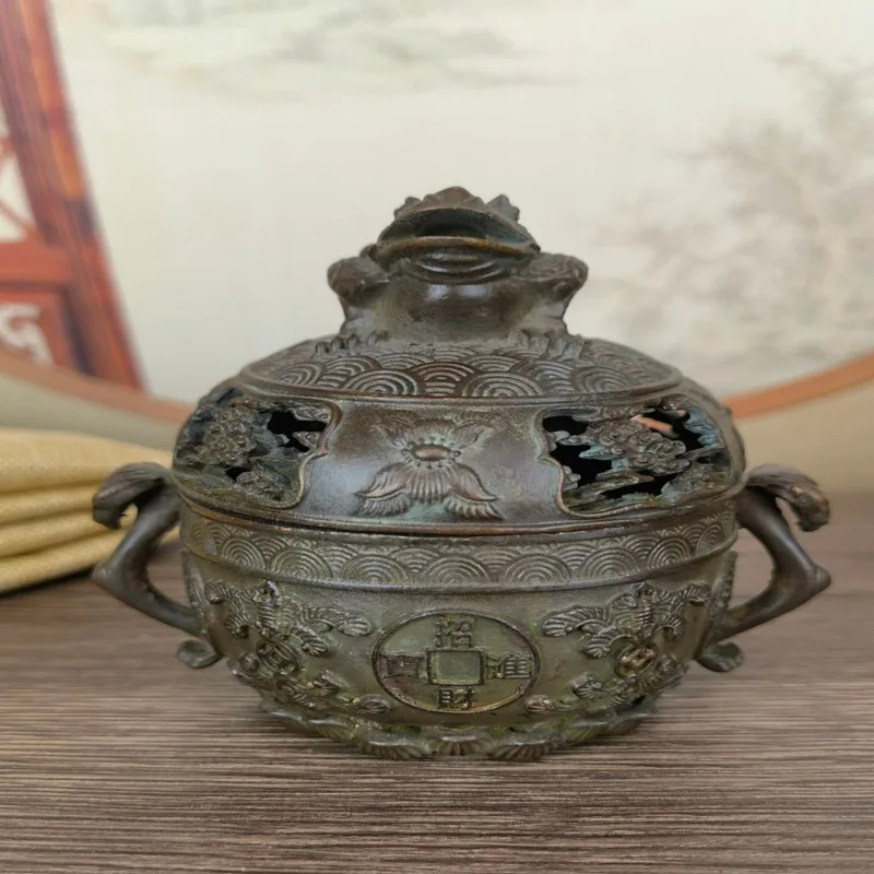 Antique-style double-dragon golden toad ornament, vintage craft, home-use retro incense burner, desktop decoratio