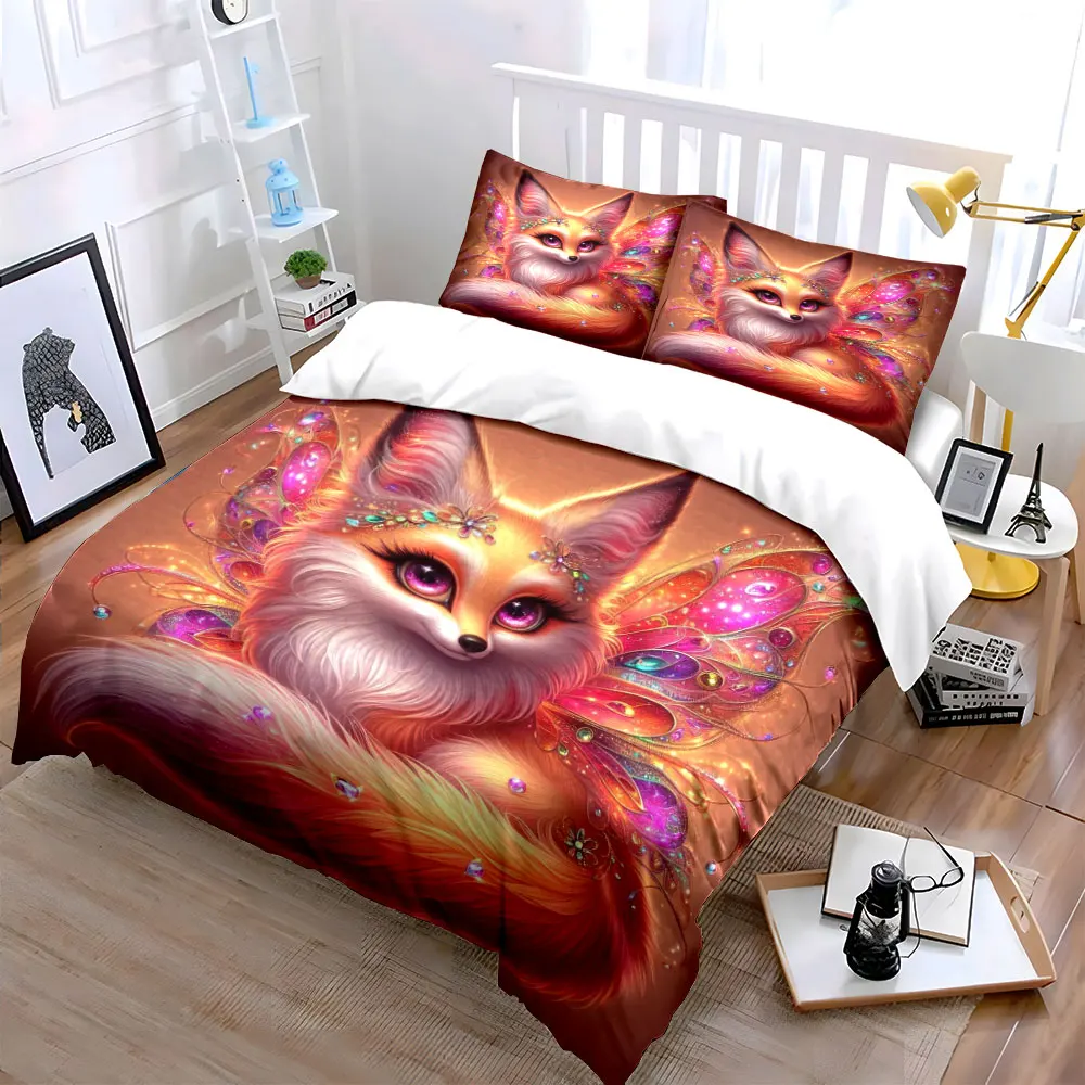 Dreamlike Fox with Colorful Wings Printed Duvet Cover Set1 Duvet Cover+2 PillowcaseMulti Size Bedroom Bedding Decor