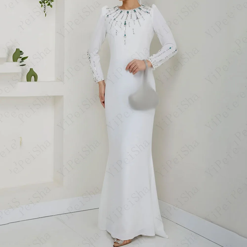 

Customized A-Line Prom Dresses Floor-Length O-Neck Full Sleeve Evening Gown Fashion Crystal Simple Draped Casual Party Gown