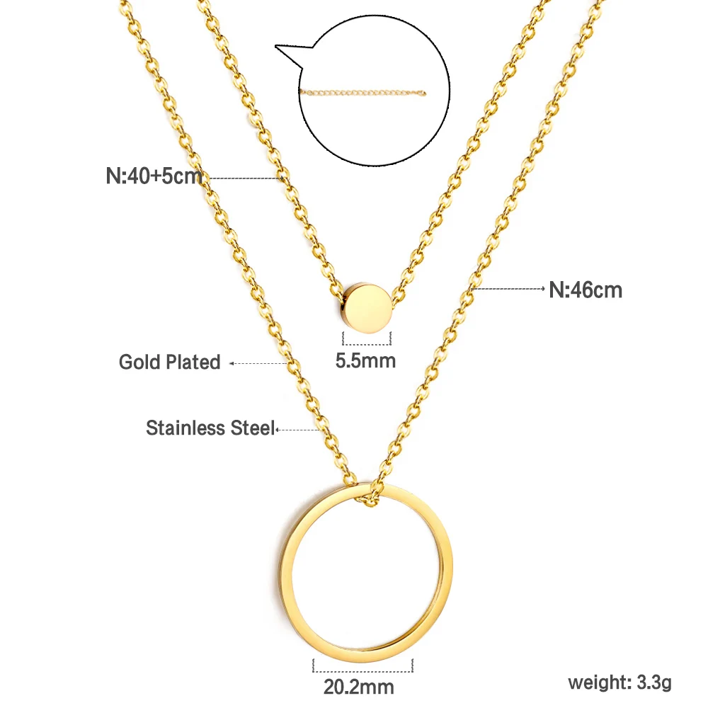 LUXUSTEEL سلسلة مزدوجة الطبقات كبيرة مجوفة دائرة مستديرة عملة قلادة قلادة للنساء مطلية بالذهب الفولاذ المقاوم للصدأ الكورية