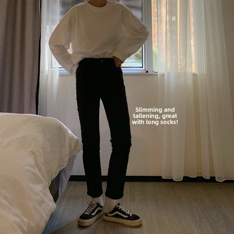 

High Waist Straight Leg Jeans Women's Bla Slimming Versatile Large Size Cotton Stretch Denim Anti-Wrinkle Fall Season