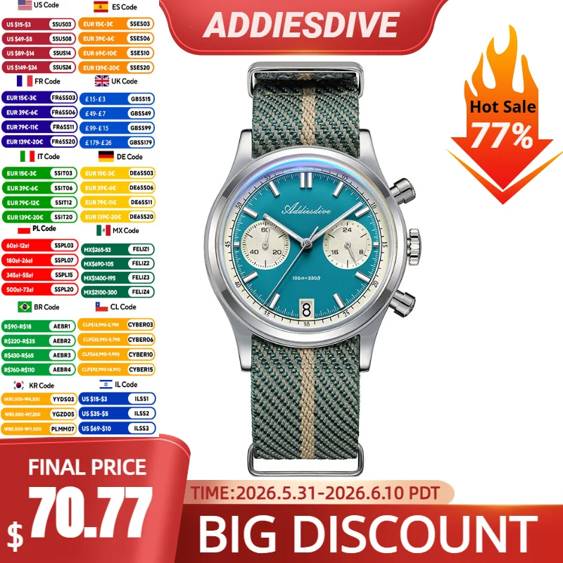 

ADDIESDIVE Watches for Men Retro Chronograph 60min Bubble Mirror Glass VK64 Quartz Watch Luminous Waterproof Luxury Men's Watch