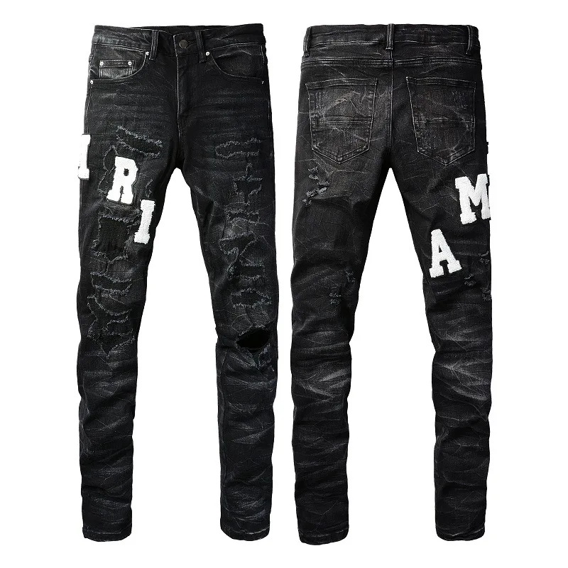 

Men's Street Jeans with Leather Appliqué, Embroidered Letters, Ripped, Messy Threads and Patchwork, Elastic Ankle-Length Pants