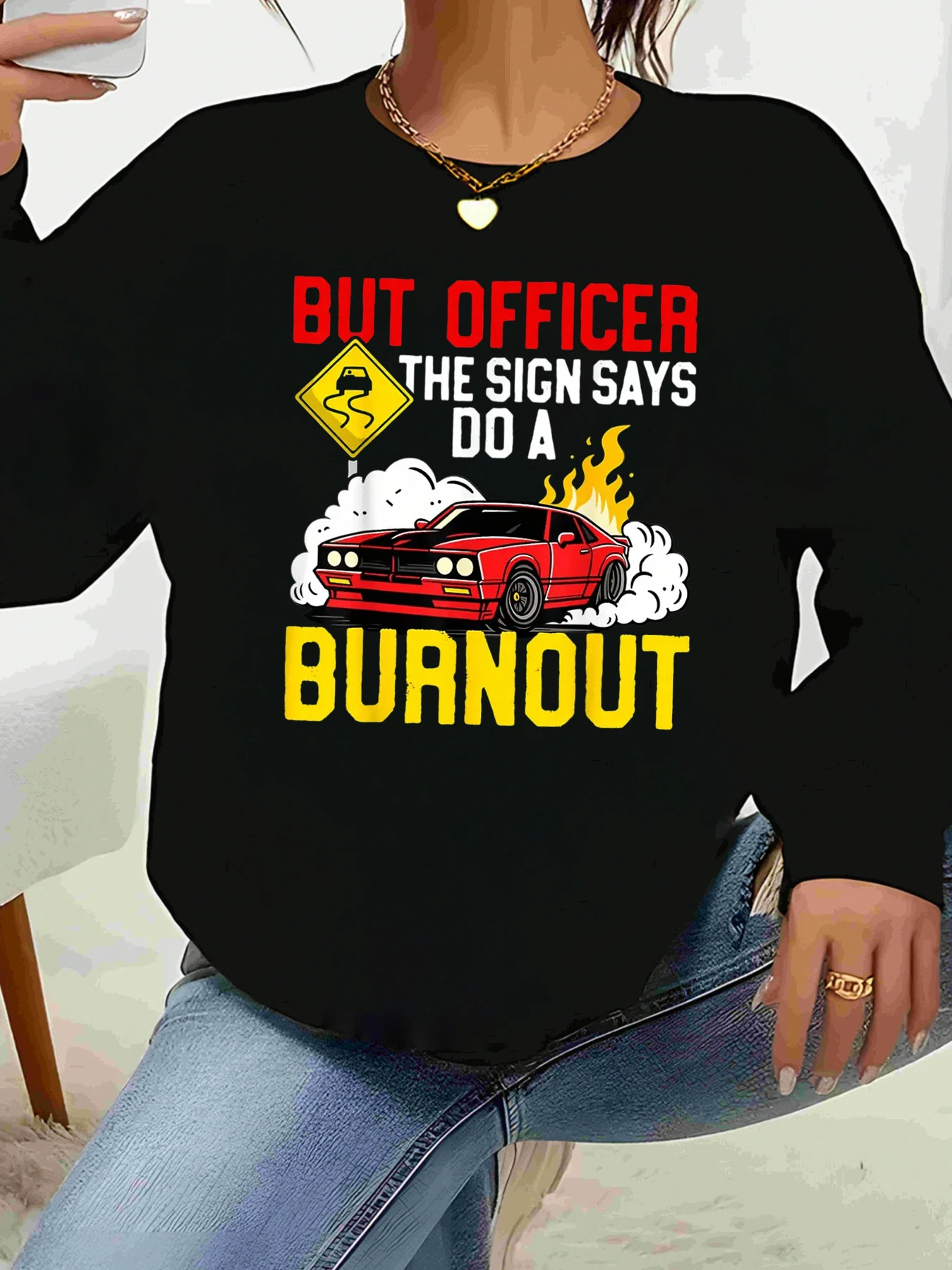 تي شيرت Burnout Car Sign Print بأكمام طويلة لحفلات الهالوين للنساء #1