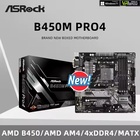 ASRock Brand New B450M PRO4 Motherboard AMD B450M DDR4 Memory AM4 Mainboard M.2 NVME mATX (Supports Ryzen 5 5600 R7 5700X3D CPU)