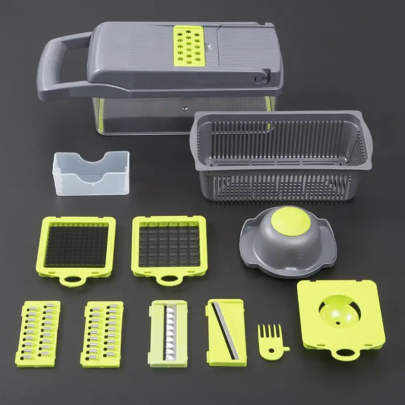 Multi-functional Vegetable Slicer 12-in-1 Green Shredder Manual Shredder Drain Basket Kitchen Tool Silk Scrubber