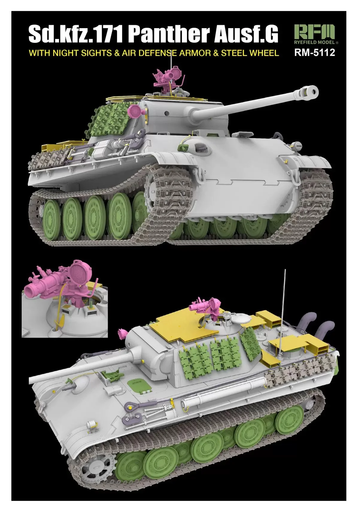 Rye Field 5112 1:35 Scale Sdkfz 171 Panther Ausf G Tank w/Night Sights / Air Defense Vehicle Plastic Assembly Model Building Kit