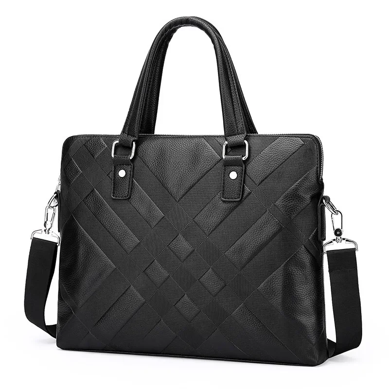 New Striped Laptop Bags Cow Genuine Real Leather Men\'s Briefcase Luxury Brand Male Handbags Messenger 14 Inch Computer Bag