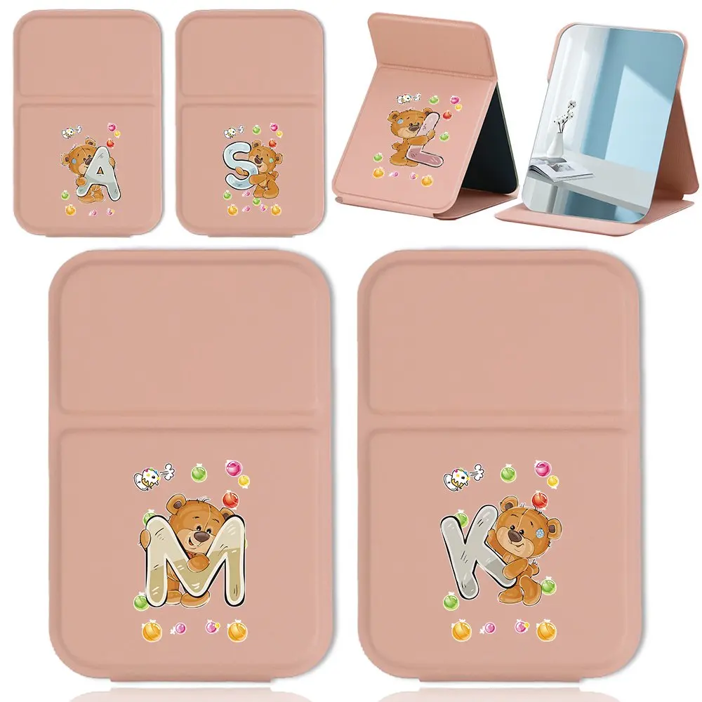 Portable Foldable Makeup Mirror PU Cover Cosmetic Mirror Adjustable Stand Lightweight Mirror For Travel Bedroom Bear Pattern