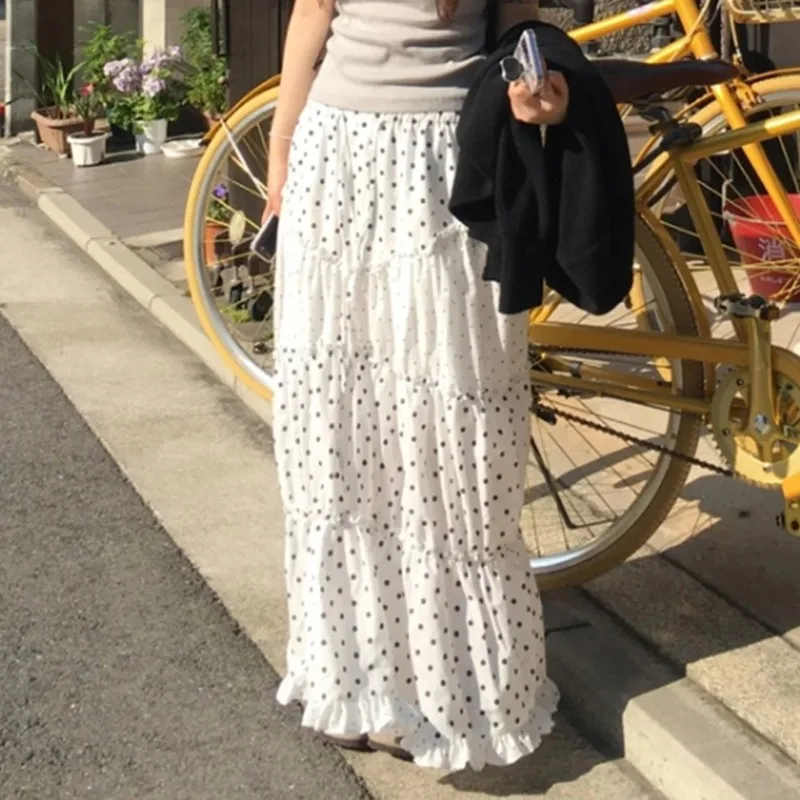 Harajuku mode à pois imprimé jupe femmes corée casual jupes longues à volants froncé épissé doux Simple été nouvelles jupes chics