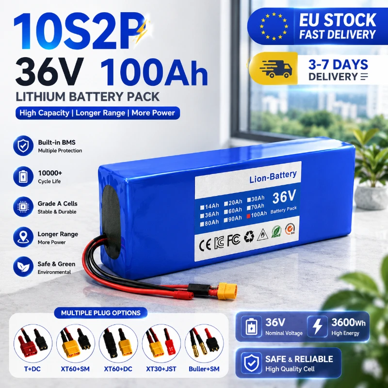 10S2P 36V 100Ah Lithium-Ionen-Akkupack für Elektroroller E-Bike Motorrad 500W Motor EU-Lager Versand