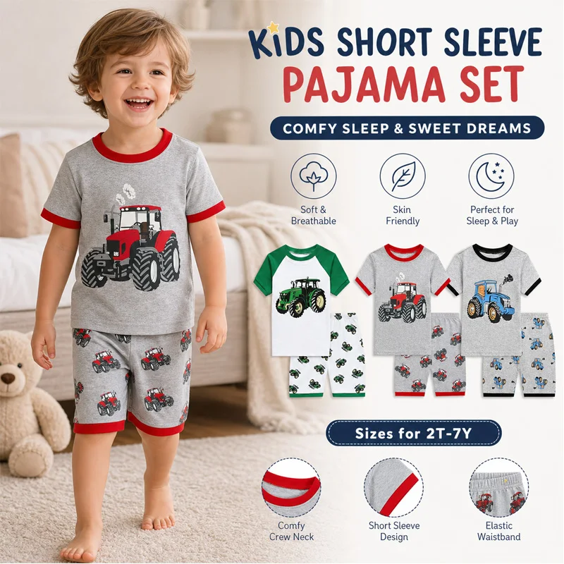 Little Hand Kids Printed Pyjamas Soft Short Sleeve Night Clothes Farm Tractor Pattern Summer Loungewear Set For 2-7Y Boys