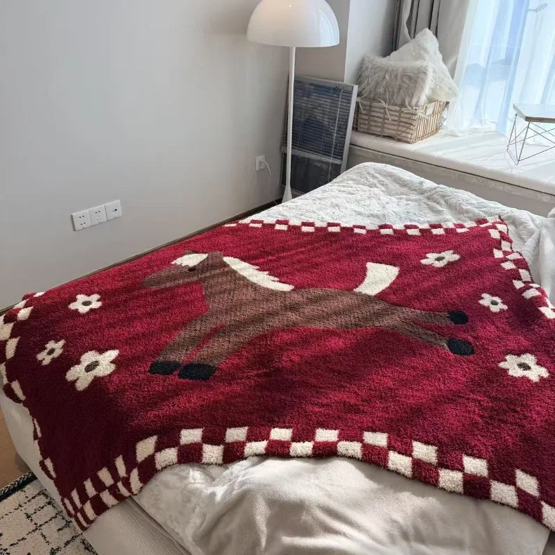Cute Horse Cartoon Throw Blanket Soft Cozy Plush Fleece Blanket for Couch Sofa Bed Autumn Winter Warm Thick Blanket High Quality