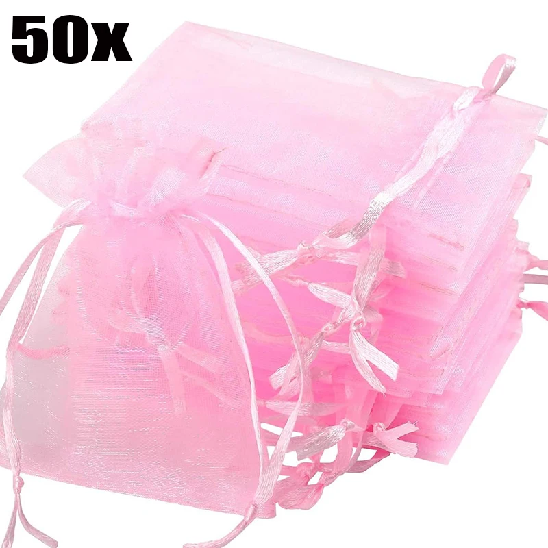 50 Uds. Bolsa de regalo de Organza rosa para joyería, bolsas blancas con cordón para boda, bolsas de regalo de dulces de Navidad, bolsa de embalaje de joyería