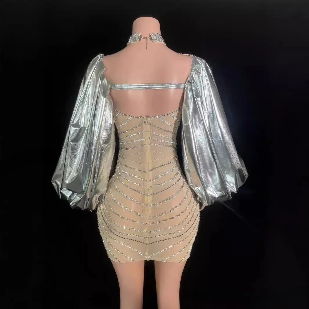 Abiti da spettacolo Collo Maniche a palloncino argento Abito da festa di moda Cos Abito da strada personalizzato Gruppo femminile che canta Abiti sexy