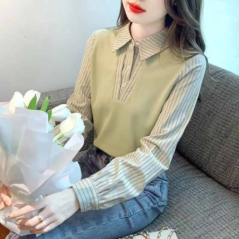 

Новая осенне-зимняя полосатая рубашка с длинным рукавом, вязаный топ, женский комплект из двух предметов: шифоновая базовая рубашка и имитация двухслойной рубашки