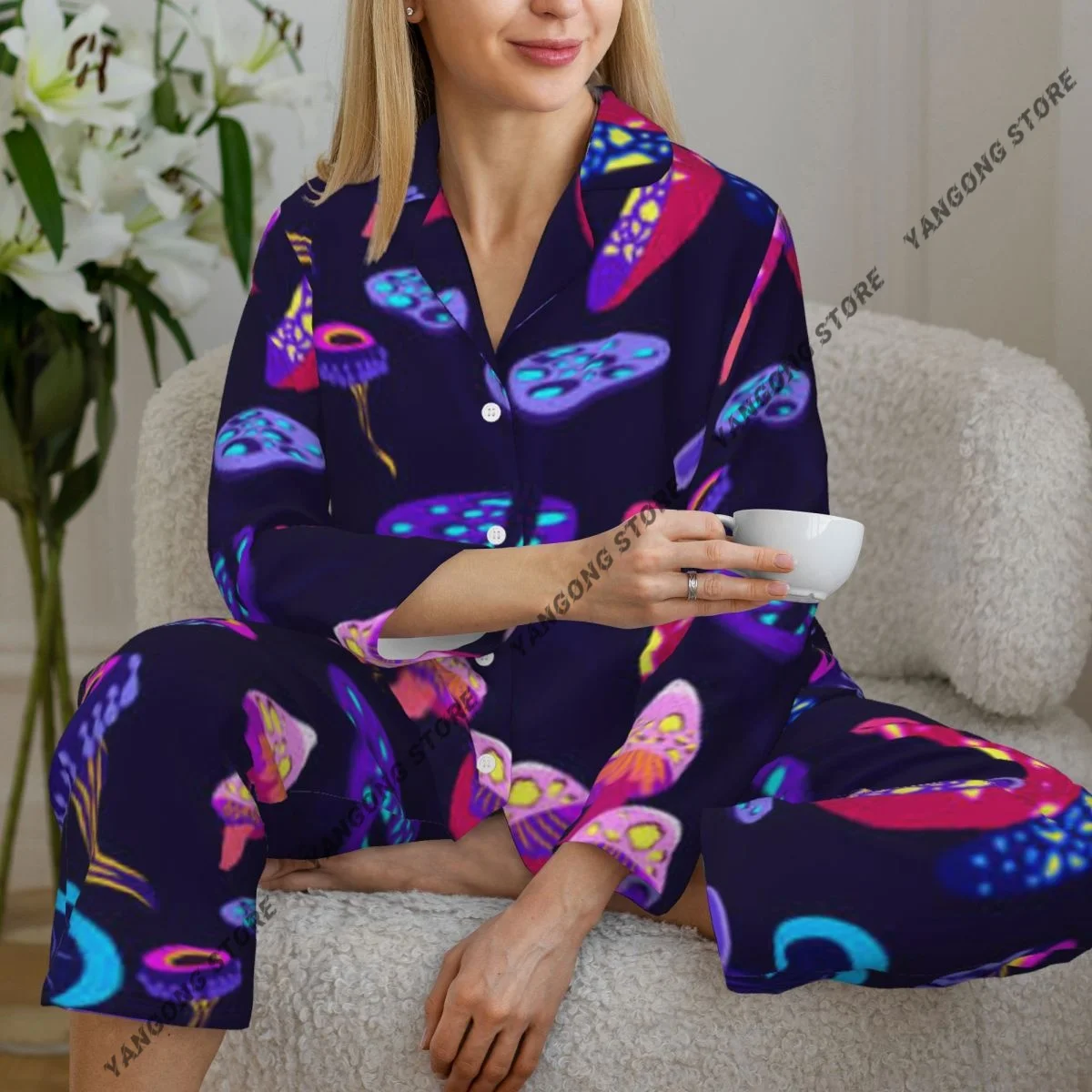 

Women Sleepwear Pajamas Hallucinogenic Magic Fairy Mushrooms Long Sleeve Pijama Female Set Negligee Cardigan Suit