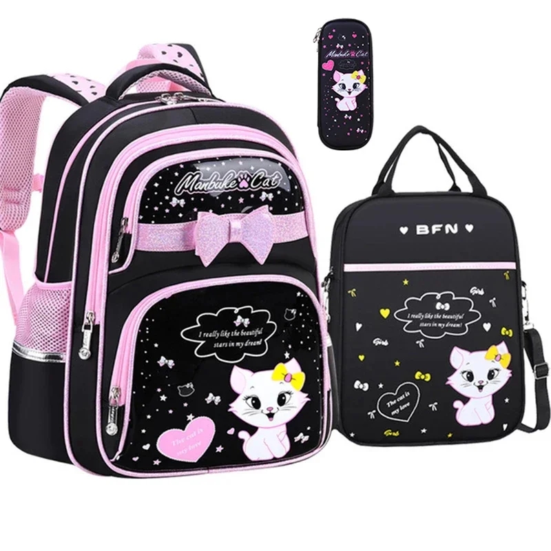 New Korean Primary PU leather School Bag 2020 Fashion Cute Girls With Cute Cat Orthopaedic  Waterproof Backpack