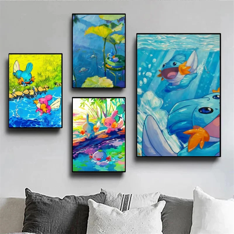 Peinture sur toile de dessin animé Pokémon Mudkip, naturel vif, ensemble d'art mural de scène pour la décoration de la maison, cadeau délicieux pour les fans de Pokémon