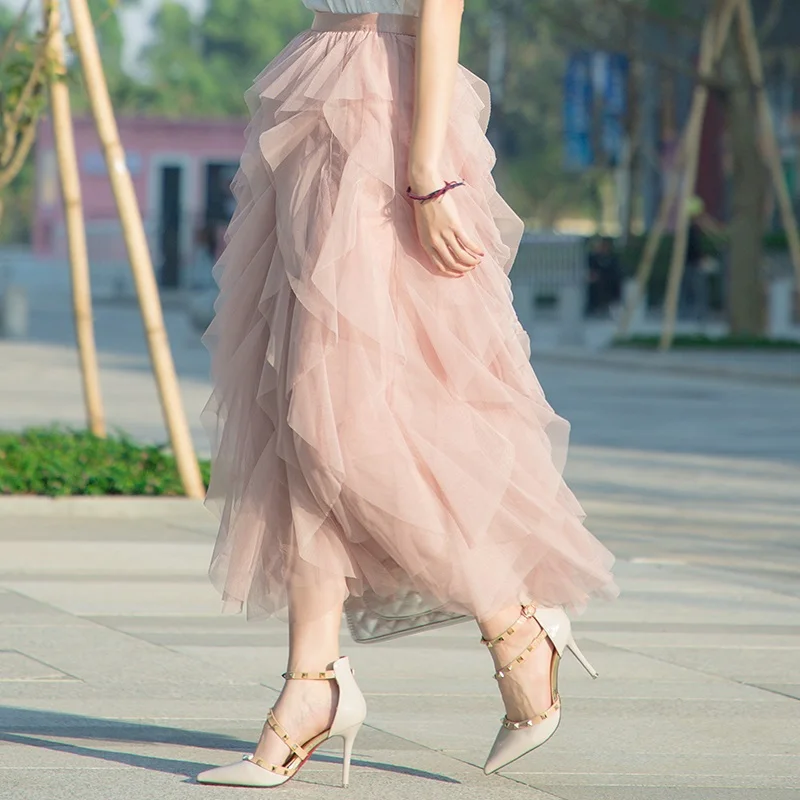 Falda larga de tul para mujer, Falda plisada de cintura alta, color rosa, moda coreana