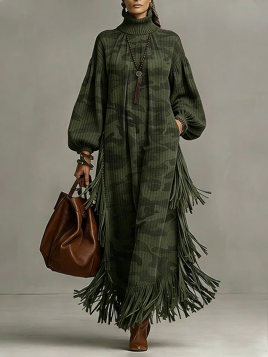 Modisches Retro Camouflage Quasten Maxikleid Hochgeschlossenes Langarm-Trägerkleid mit Taschen Armeegrün Frühlings-Partykleider