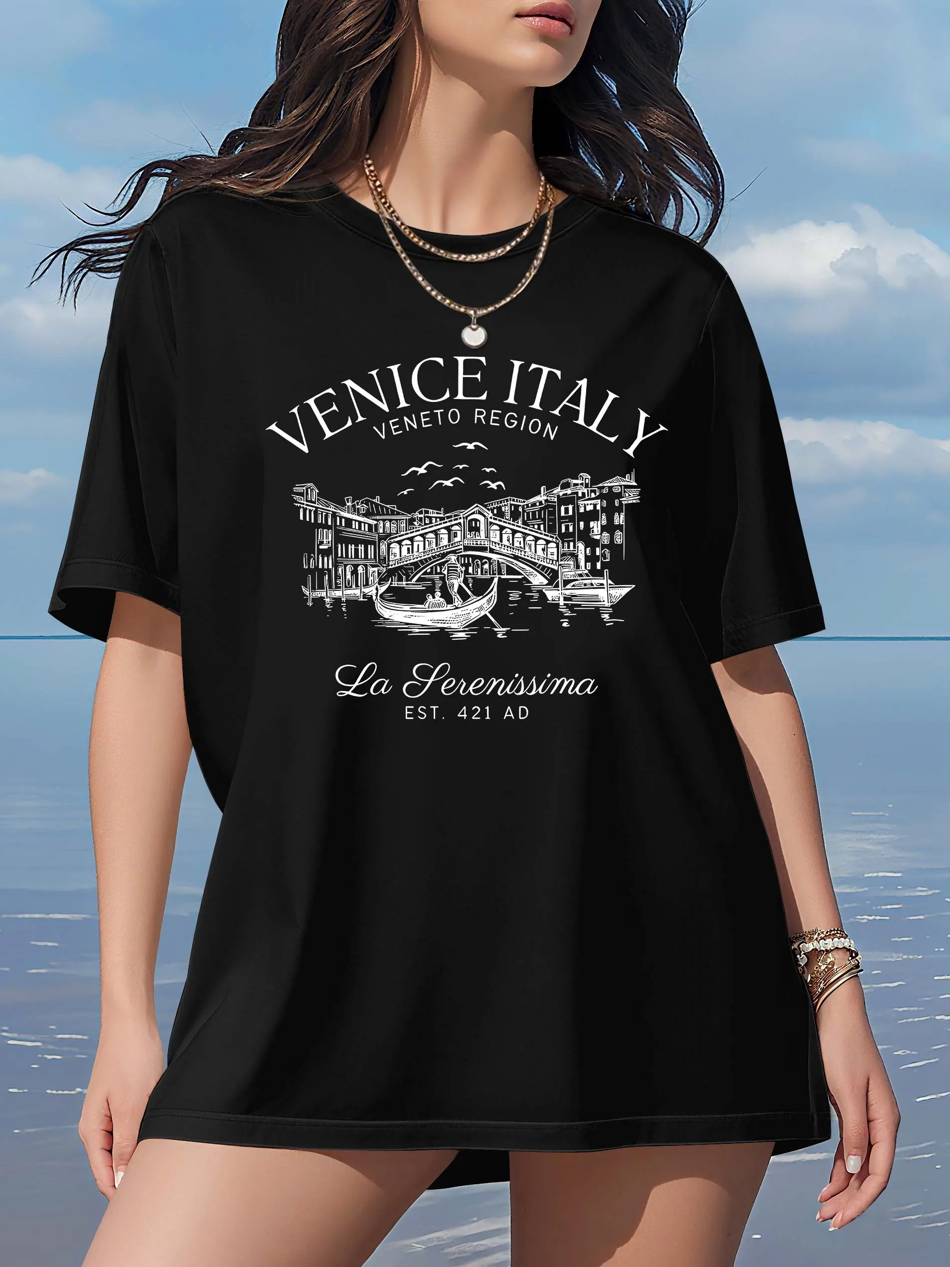 Grote maten dames wit T-shirt met korte mouwen, Venetië Italië print, Vintage Travel - geïnspireerde casual top