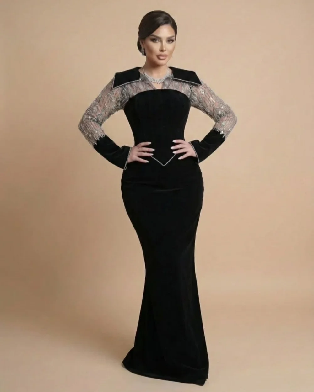 

Customized Exquisite Fashion Prom Dreasses Jersey Rhinestone Beading Mermaid V-neck Long Dresses Evening Dresses Sizes Available