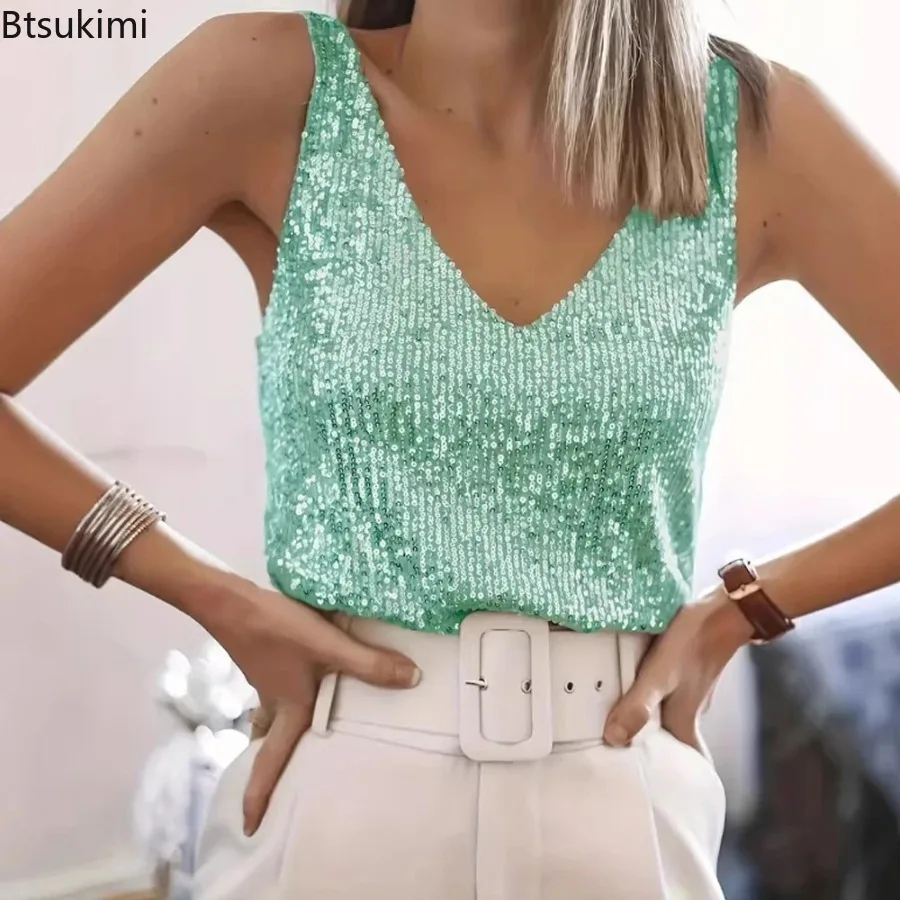 New 2026 Women's V Neck Sleeveless Sequins Vest Summer Woman Loose Bling Sexy Tank Tops Party Clubwear Stage Performance Costume