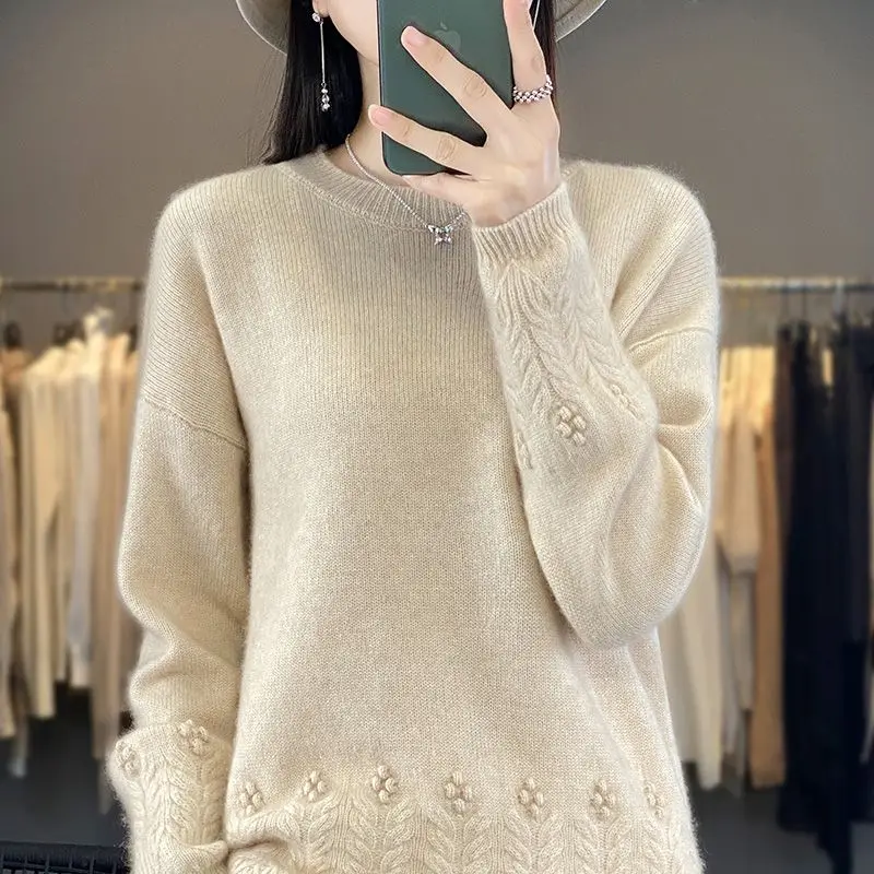 Women\'s Clothing Autumn Winter Round Neck Solid Color Pullover Lantern Long Sleeve Sweater Knitted Elegant Screw Thread Tops