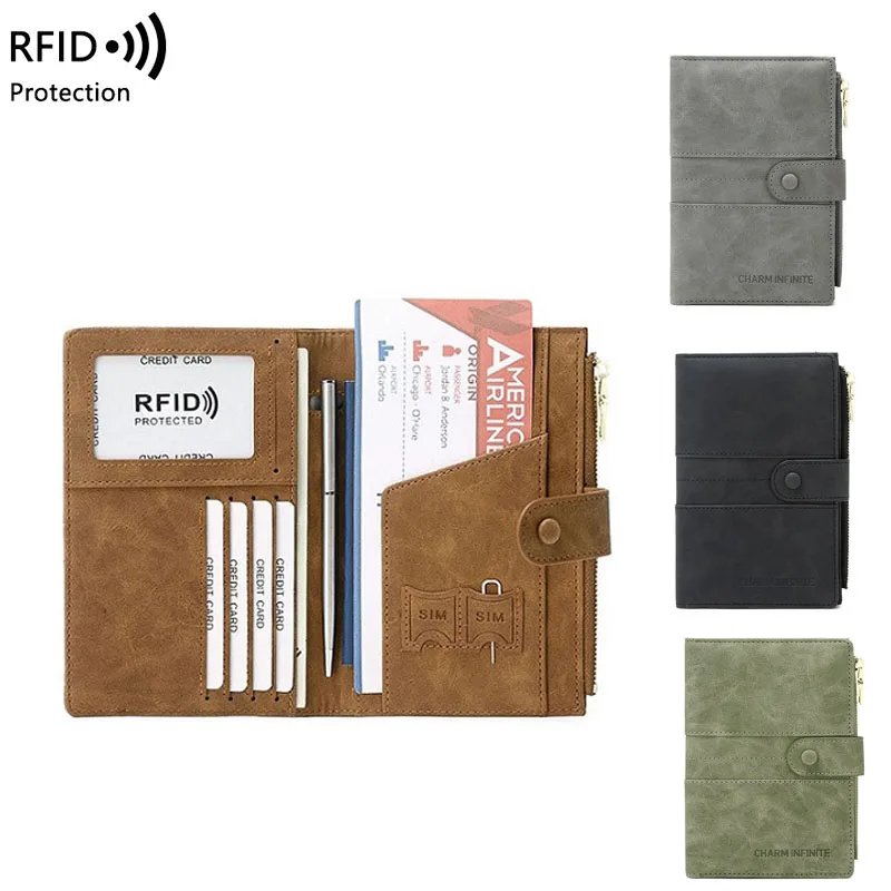 

New RFID Passport Bag Zipper Multi functional ID Card Bank Card RFID Passport Clip PU Leather Wallet Cover Travel Accessories