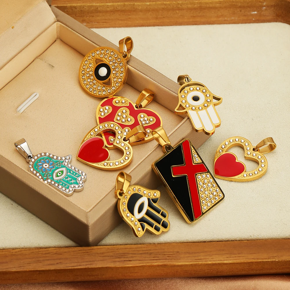 4 Stück Edelstahl-Emaille-Herz-Hamsa-Hand-Anhänger mit Zirkonia für DIY-Schmuckherstellung von Halsketten, Ohrringen und Armbändern – Detail 4