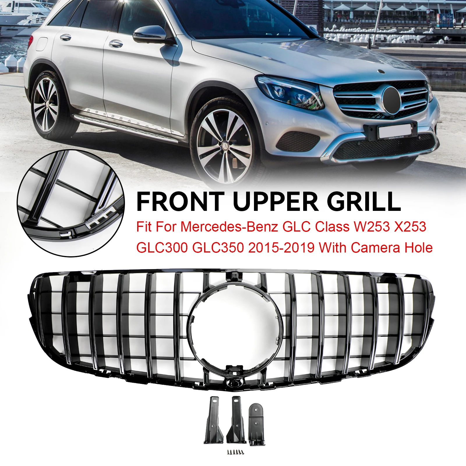 Artudatech Front Bumper Grille Grill For Mercedes Benz GLC X253 C253 2015-2019 Gloss Black