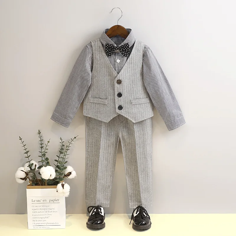 Children Concert Wear Grey Elegant Boys Wedding Suits 2 To 12 Years Youth Stage Performance Costumes Kids Birthday Party Tuxedos