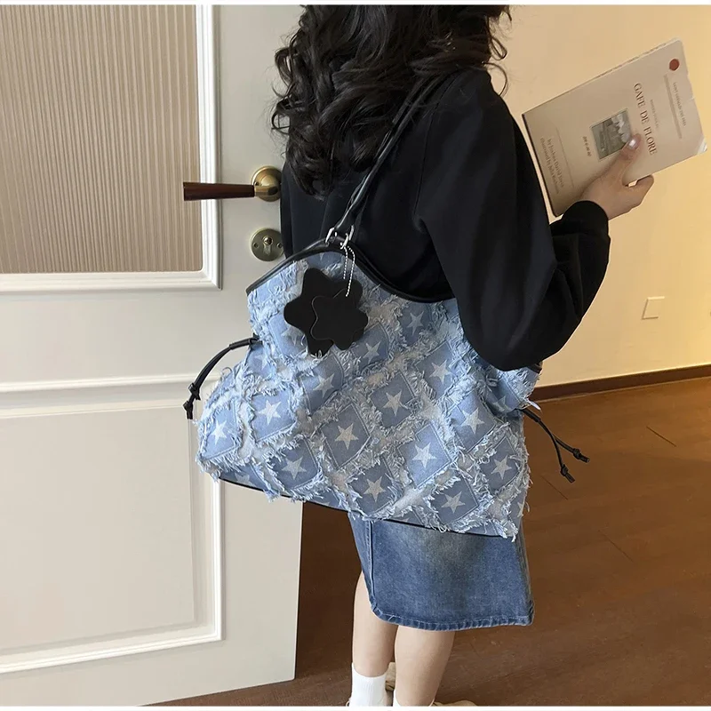 Denim Canvas Grid Umhängetasche, Damen-Umhängetasche mit großem Fassungsvermögen, lässiger, niedlicher Wald-Stil, Reisetasche, Handtasche für den täglichen Pendelverkehr, Blau – Detail 9
