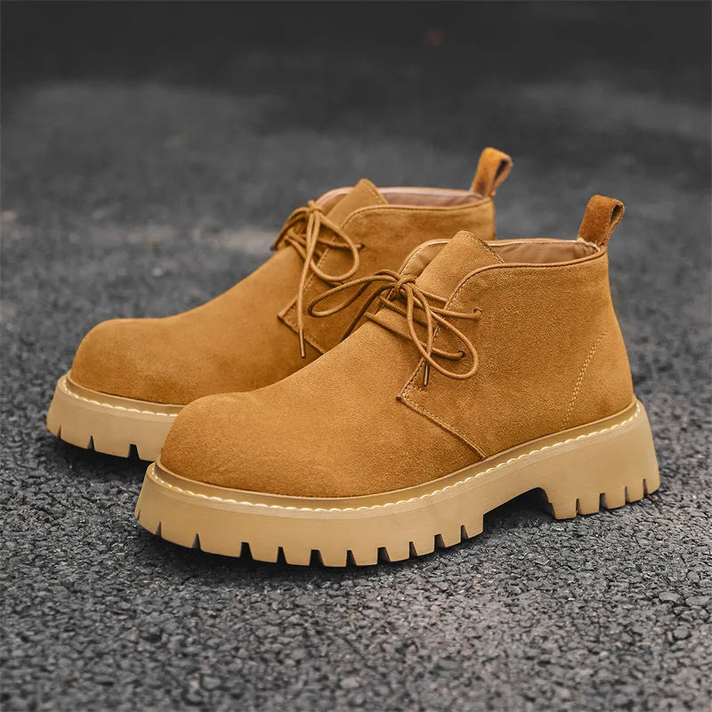 

New Cow Suede Men Vintage Leather Shoes Autumn Winter British Tooling Ankle Boots Height Increasing Shoes Outdoor Chelsea Boots