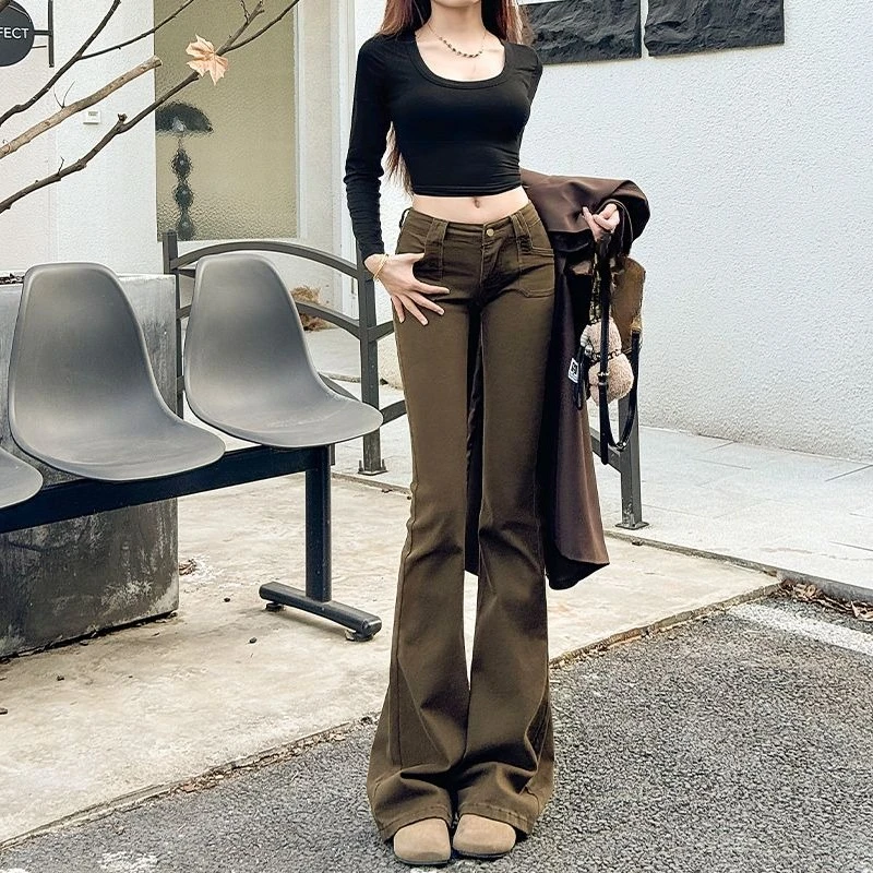  بنطلون جينز نسائي منخفض الارتفاع موديل 2025 شتوي بني قابل للتمدد بقصة ضيقة مبطن بالصوف الحراري #2