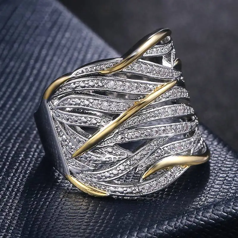 Anel Feminino Huitan com Design Oco, Luxuoso e Incrustado com Zircônia Cúbica Brilhante, Acessórios Nobres para Festas, Joias Delicadas para Casamento