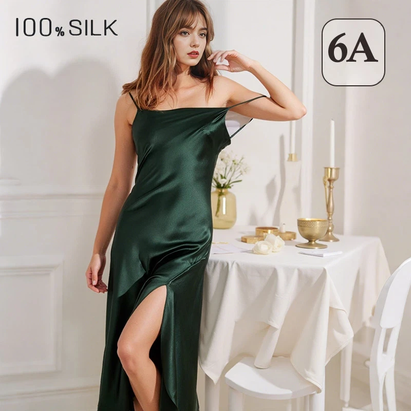 Sexy Women 19 Momme Heavy 100% Mulberry Silk Slip Dress Side Slit Camisole Nightgown Summer Outdoor Loungewear