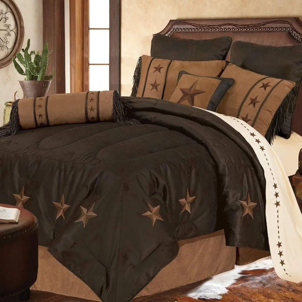 Laredo Rustic Bedding 6 Piece Super King Comforter Set, Brown Faux Leather Embroidered Western Star Bed Set