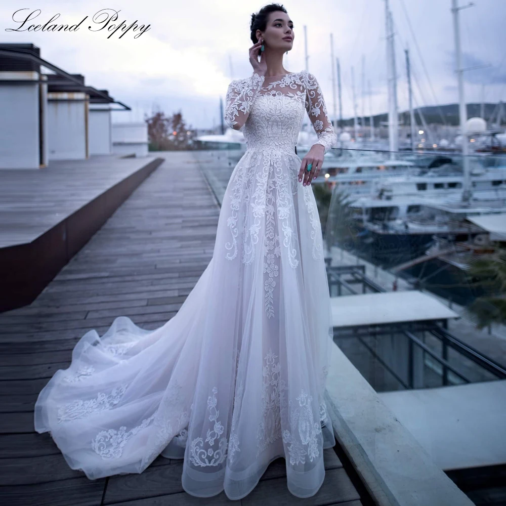 Lceland Poppy Elegant A Line Lace Appliques Wedding Dresses Floor Length Bridal Gowns with Detachable Lace Jacket