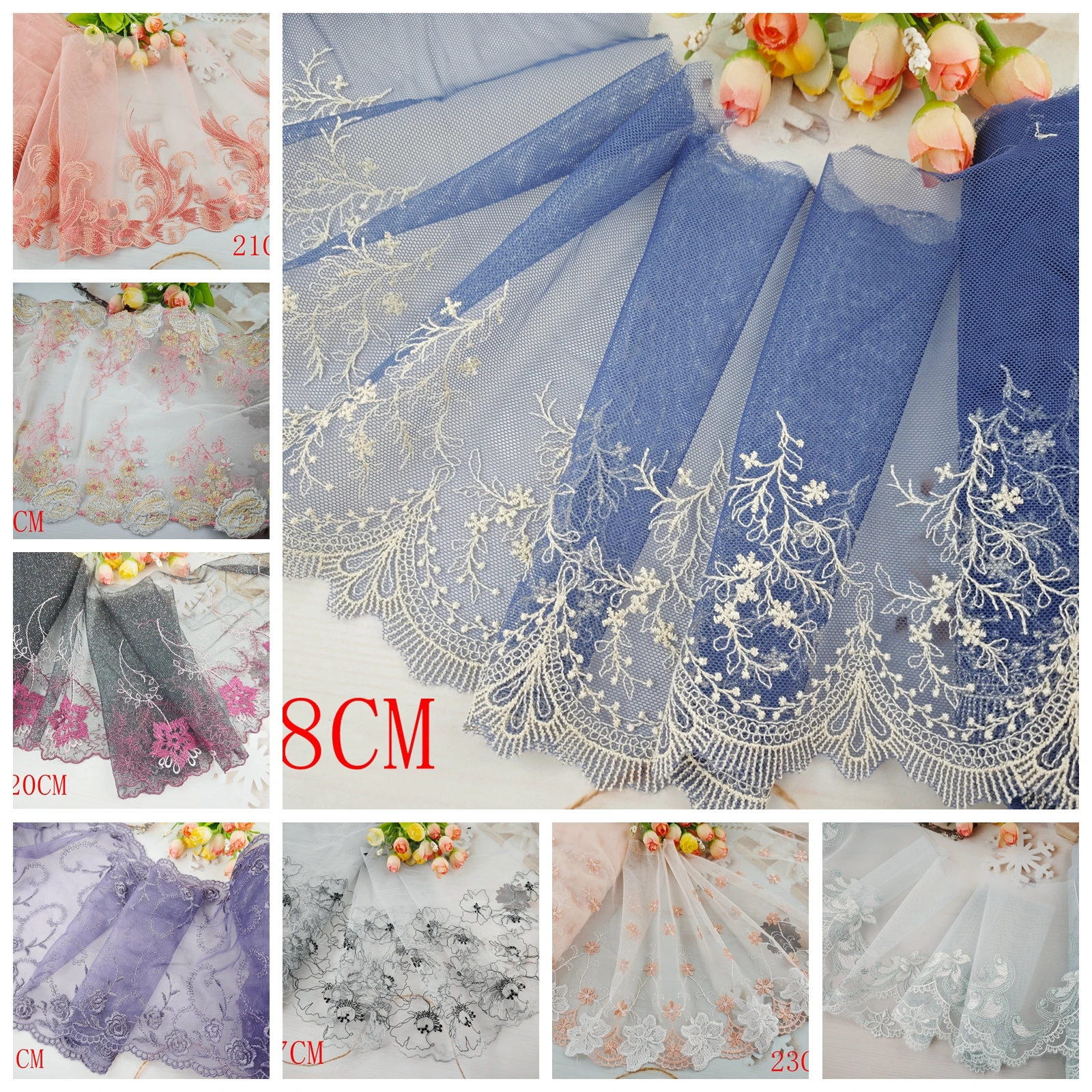Wholesale Lot 1 Yards Delicate Embroidered flower Pink/Purple/Red/White/Black tulle lace trim DIY/sewing/Wedding Lace AC1