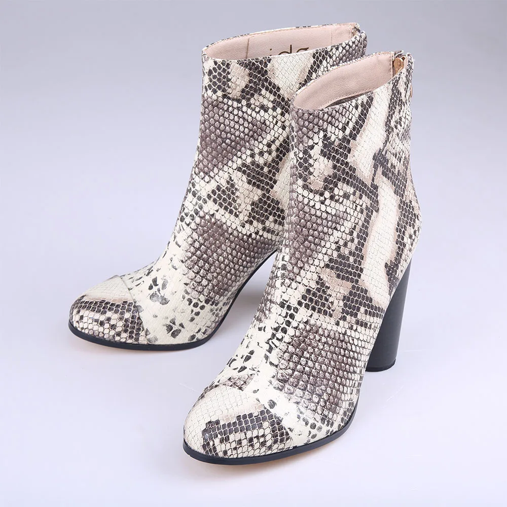 

Snakeskin Pattern Pointed Toe Sexy Short Boots Back Zipper Ankle Botines Comfortable Thick Heel Gorgeous Women Botas Femininas