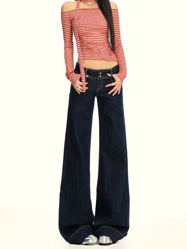 American Style Deep Blue Straight Leg Jeans Women's Low Waist plus Size Flared Casual Long Pants Tapered Slimming Effect