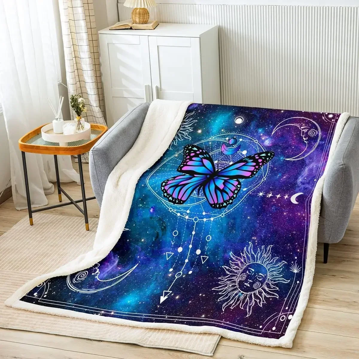 

Purple Butterfly Kids Throw Blanket,Sun Moon Starry Sky Trippy Bed Blanket for Boys Girls Adults,Dreamcatcher Boho