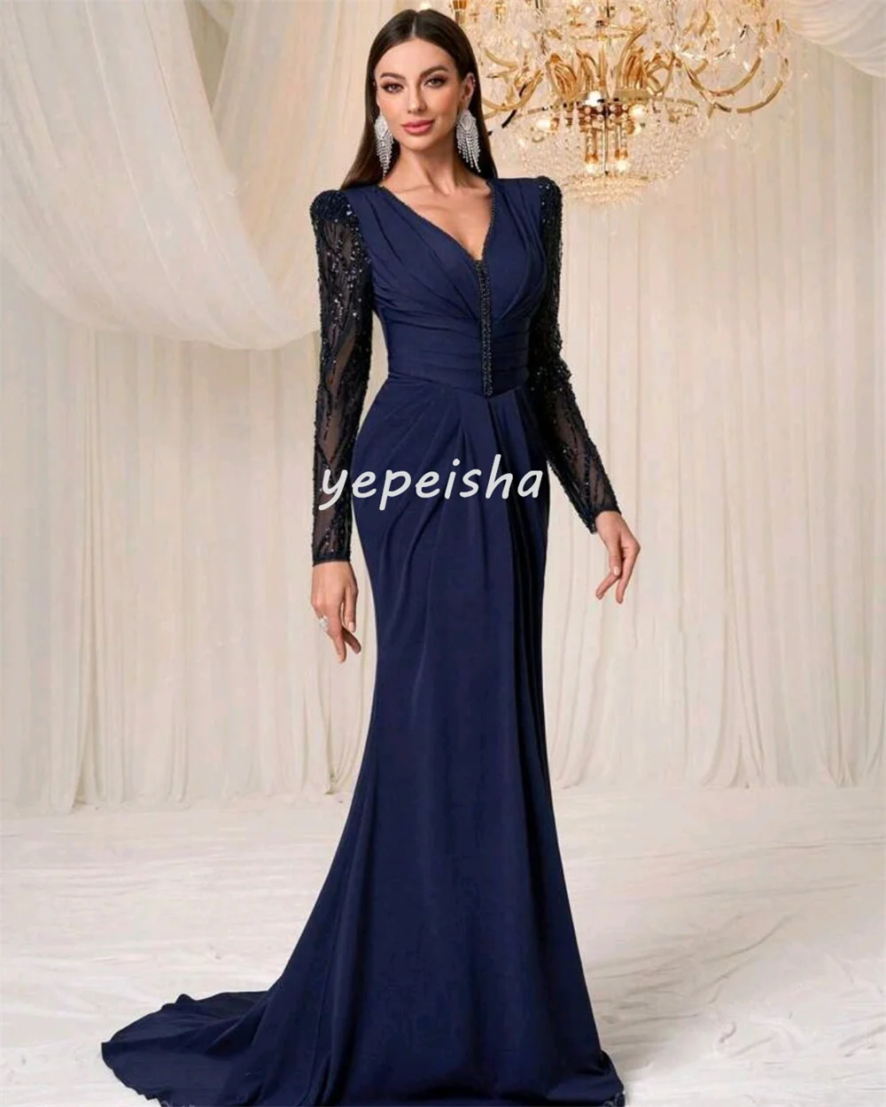 Personalizado sexy combinando chiffon plissado drapeado miçangas lantejoulas sereia com decote em v vestidos longos sob medida vestidos de ocasião de alta qualidade